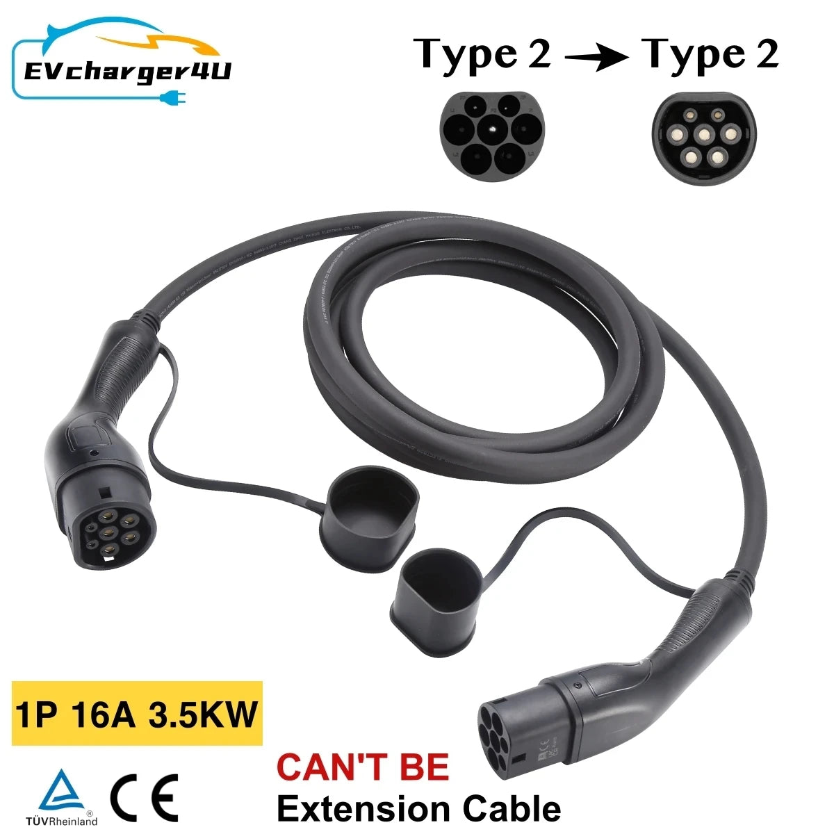 EVcharger4U Type 2 to Type2 EV Charging Cable 1Phase/3Phase 16A/32A 3.5KW/7KW/11KW 3M Charger Cables For Electric Vehicle