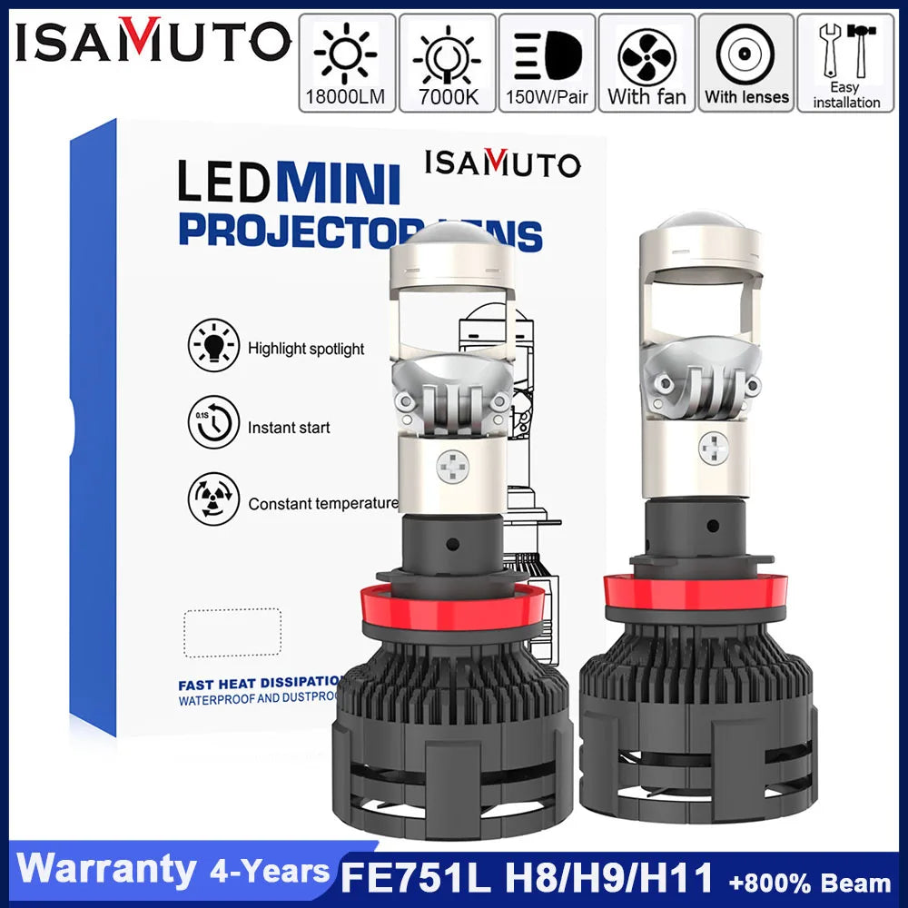 ISAMUTO FE751L LED 12-35V H4 H7 H8 H9 H11 Headlight With Lens HB3 HB4 9005 9006 7000K 10000LM White Car Bulb +800% Beam (Pair)