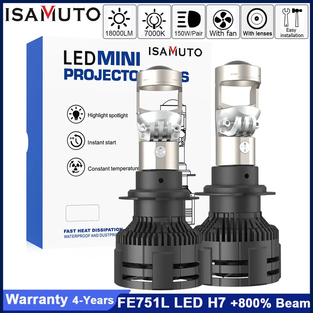 ISAMUTO FE751L LED 12-35V H4 H7 H8 H9 H11 Headlight With Lens HB3 HB4 9005 9006 7000K 10000LM White Car Bulb +800% Beam (Pair)