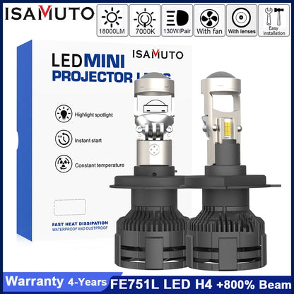 ISAMUTO FE751L LED 12-35V H4 H7 H8 H9 H11 Headlight With Lens HB3 HB4 9005 9006 7000K 10000LM White Car Bulb +800% Beam (Pair)