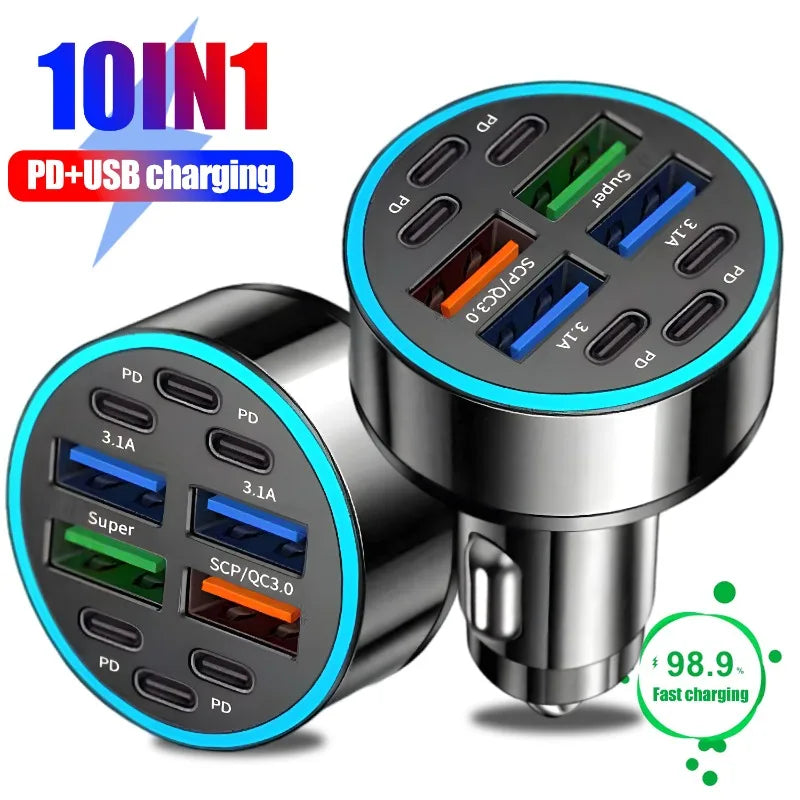 6PD+4USB Super Fast Charging Car Charger 10 in 1 Efficient Adapter Electrical Equipment Charging Systems Battery Charging Units