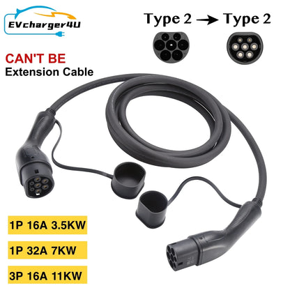 EVcharger4U Type 2 to Type2 EV Charging Cable 1Phase/3Phase 16A/32A 3.5KW/7KW/11KW 3M Charger Cables For Electric Vehicle