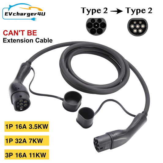 EVcharger4U Type 2 to Type2 EV Charging Cable 1Phase/3Phase 16A/32A 3.5KW/7KW/11KW 3M Charger Cables For Electric Vehicle