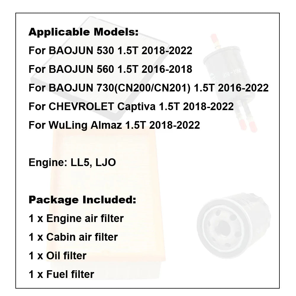 4pcs Filter Set For BAOJUN 530 1.5T CHEVROLET Captiva 2018-2022 WuLing Almaz 560 730 Engine Accessories A/C Air Fuel Oil Filter