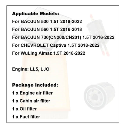 4pcs Filter Set For BAOJUN 530 1.5T CHEVROLET Captiva 2018-2022 WuLing Almaz 560 730 Engine Accessories A/C Air Fuel Oil Filter