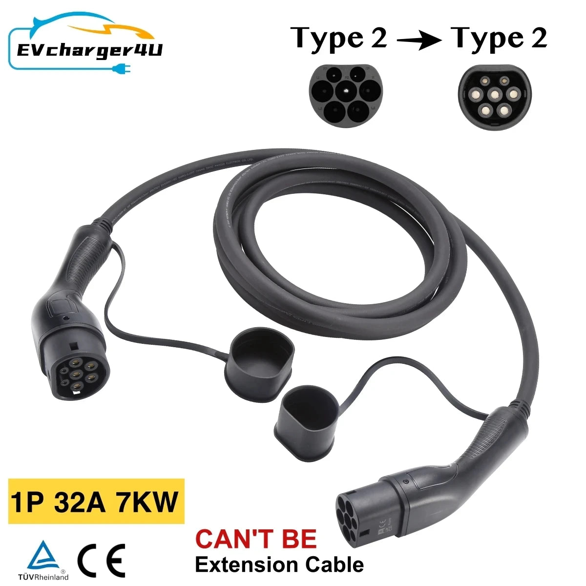 EVcharger4U Type 2 to Type2 EV Charging Cable 1Phase/3Phase 16A/32A 3.5KW/7KW/11KW 3M Charger Cables For Electric Vehicle