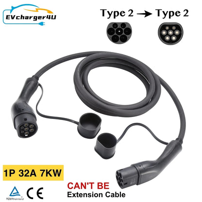 EVcharger4U Type 2 to Type2 EV Charging Cable 1Phase/3Phase 16A/32A 3.5KW/7KW/11KW 3M Charger Cables For Electric Vehicle