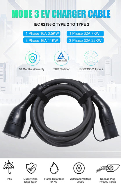 EVcharger4U Type 2 to Type2 EV Charging Cable 1Phase/3Phase 16A/32A 3.5KW/7KW/11KW 3M Charger Cables For Electric Vehicle