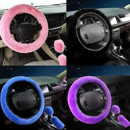 3pièces/jeu Fur Fluffy Thick auto voiture volant Plush cache Soft Wool Winter Pink,bleu,Purple,noir pour 38cm volant