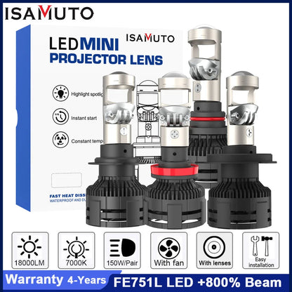 ISAMUTO FE751L LED 12-35V H4 H7 H8 H9 H11 Headlight With Lens HB3 HB4 9005 9006 7000K 10000LM White Car Bulb +800% Beam (Pair)