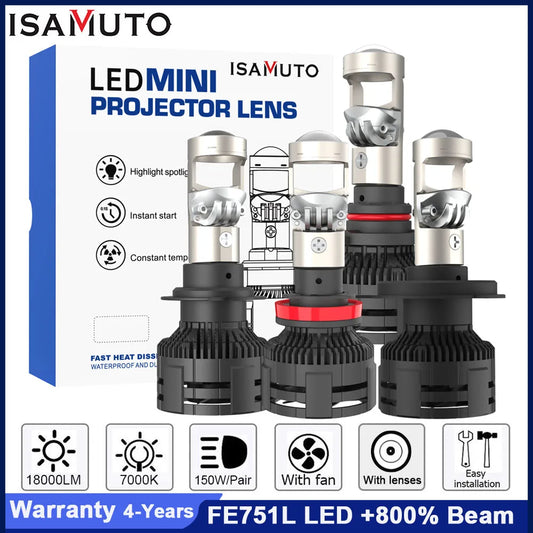 ISAMUTO FE751L LED 12-35V H4 H7 H8 H9 H11 phare avec Lens HB3 HB4 9005 9006 7000K 10000LM blanc voiture ampoule +800% Beam (paire) (livraison : 5 à 12 jours)