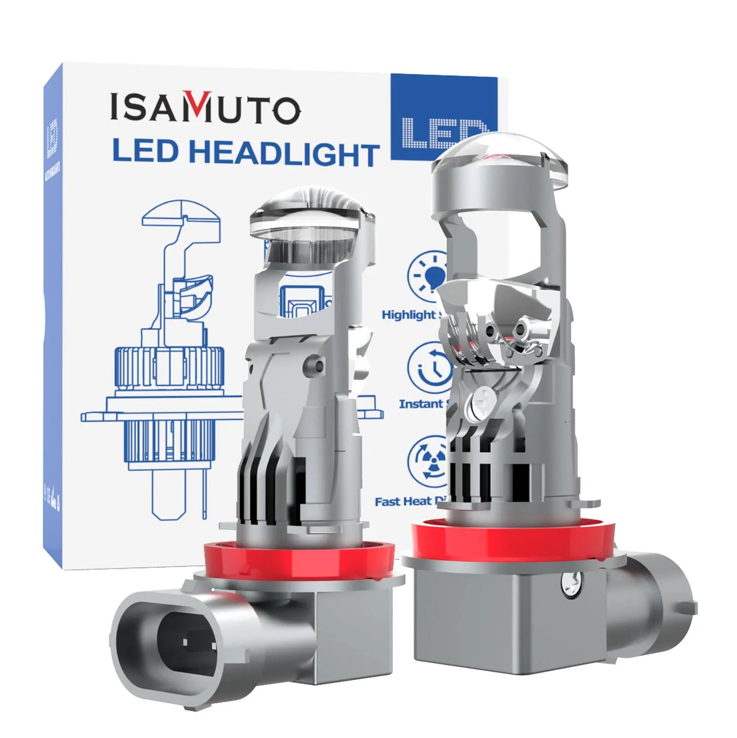 ISAMUTO FI281L LED H8 H9 H11 PGJ19-2 Headlight With MINI Lens 9-60V 56W 6500K 10000LM White LED Car Bulb +500% Brightness (Pair)