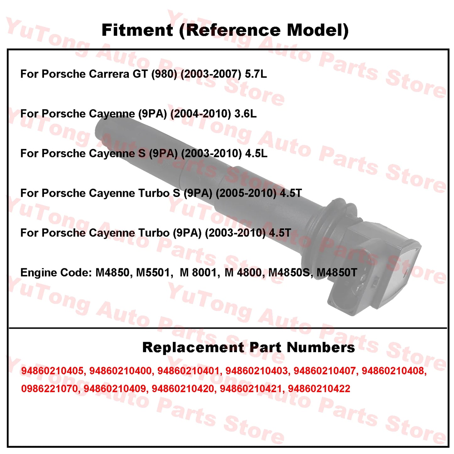 Ignition Coils For Porsche Cayenne Turbo (9PA) 2003-2010 4.5T 2006 Carrera GT 980 5.7L Parts 94860210405 94860210400 94860210401