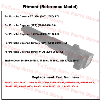 Ignition Coils For Porsche Cayenne Turbo (9PA) 2003-2010 4.5T 2006 Carrera GT 980 5.7L Parts 94860210405 94860210400 94860210401