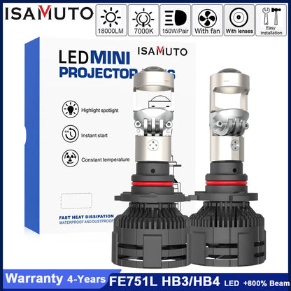ISAMUTO FE751L LED 12-35V H4 H7 H8 H9 H11 Headlight With Lens HB3 HB4 9005 9006 7000K 10000LM White Car Bulb +800% Beam (Pair)
