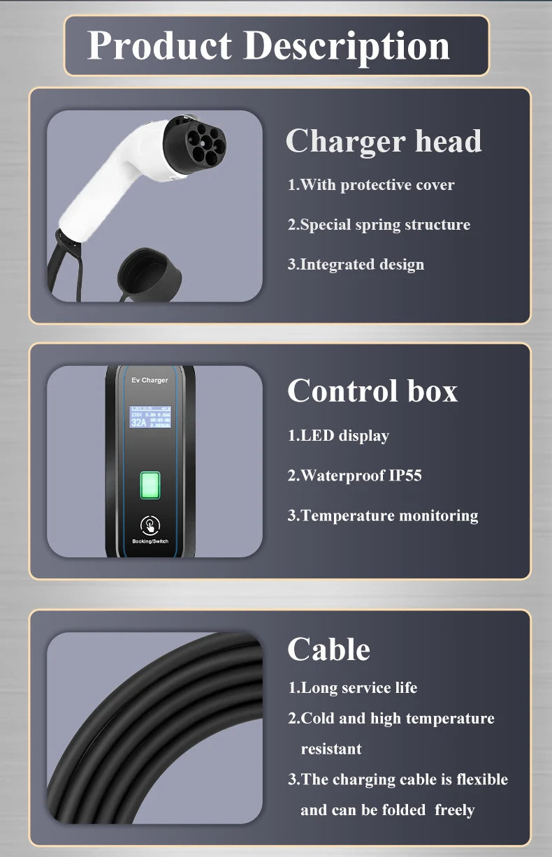 Teschev Level 2 EV Charger GBT Standard 10A/16A/20A/24A/32A 1P 7KW Wallbox Cable 5m For Electric Vehicle China Cars