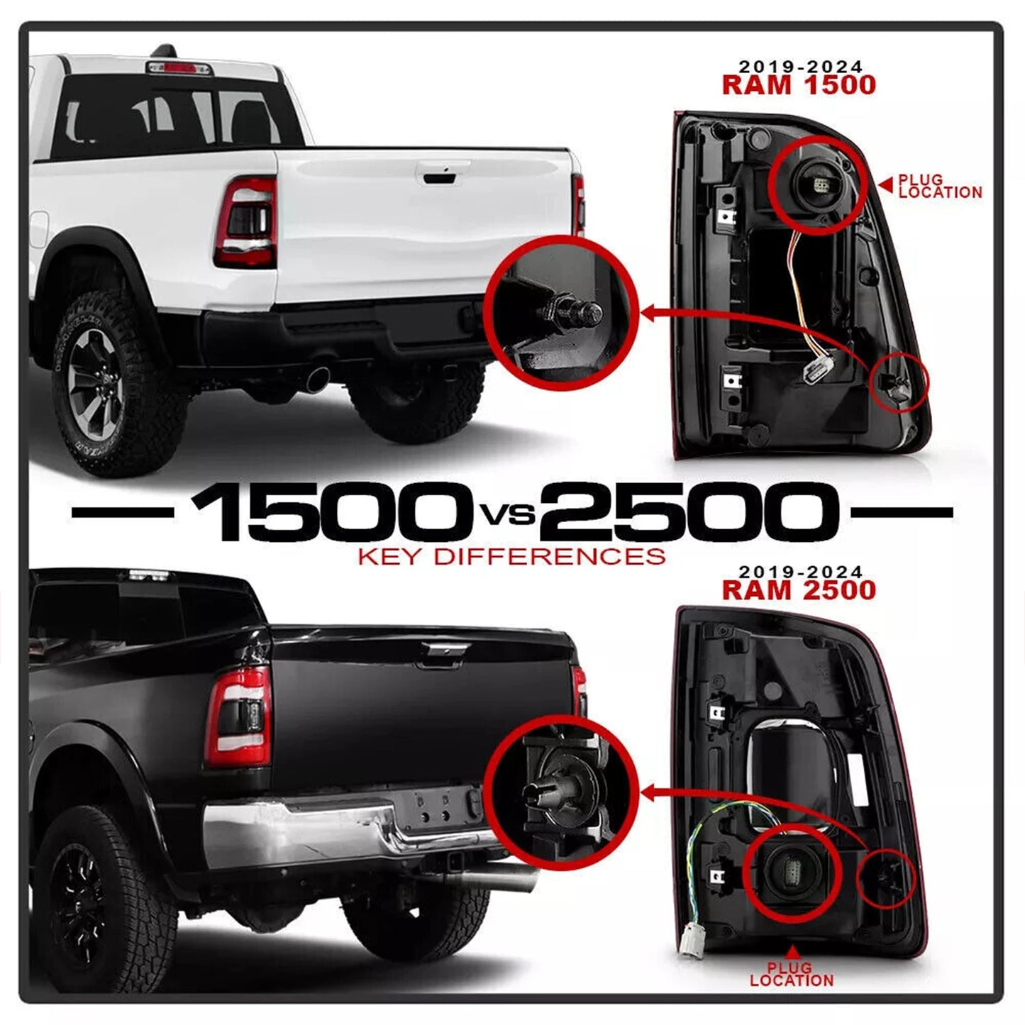 W/Blind Spot For Dodge Ram 2500 3500 2019 2020 2021 2022 2023 2024 LED Tail Lights Black Bezel 68548946AA