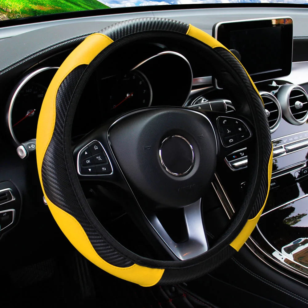 PU Carbon Fiber Leather Car Steering Wheel Cover Without Inner Ring Suitable for 14.5-15 Inches of Automotive Supplies