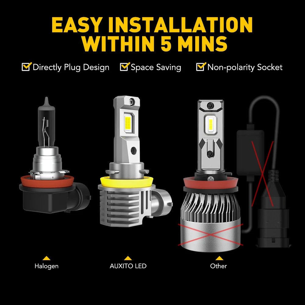 AUXITO 2Pcs H8 H11 LED Headlight Bulb 16000LM 9005 HB3 9006 HB4 H16 JP H9 LED Fog Lamp Super Bright 6500K White Automobile Light