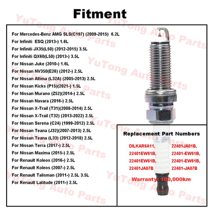 4-6 Spark Plugs For Nissan Teana J32 L33 2.5L NV350 Altima Navara X-Trail Serena Maxima Juke Renault Koleos Infiniti JX35 QX60