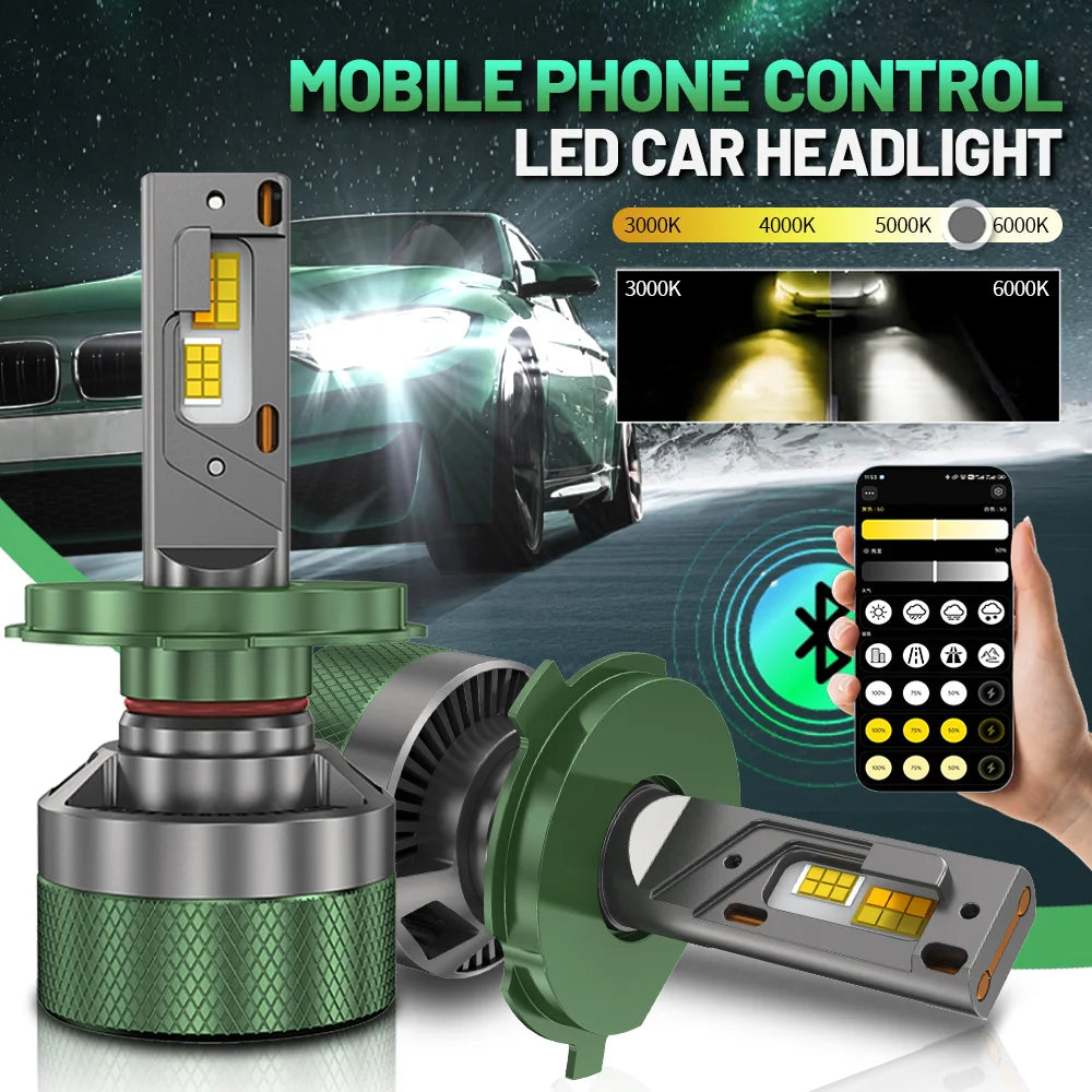HYNBYZJ H7 LED Headlight AI Mobile APP Control 1500W 3000K-8000K Smart LED Chip High Power for H4 H7 9005 9006 Car Accessories