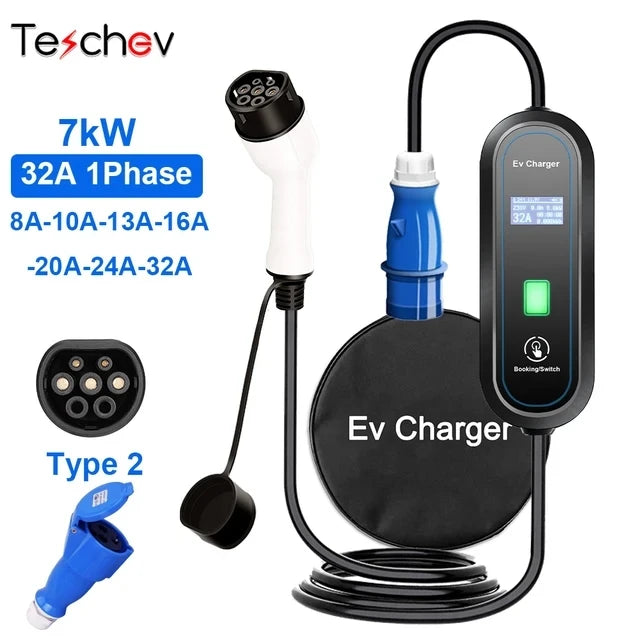 Teschev Level 2 EV Charger GBT Standard 10A/16A/20A/24A/32A 1P 7KW Wallbox Cable 5m For Electric Vehicle China Cars