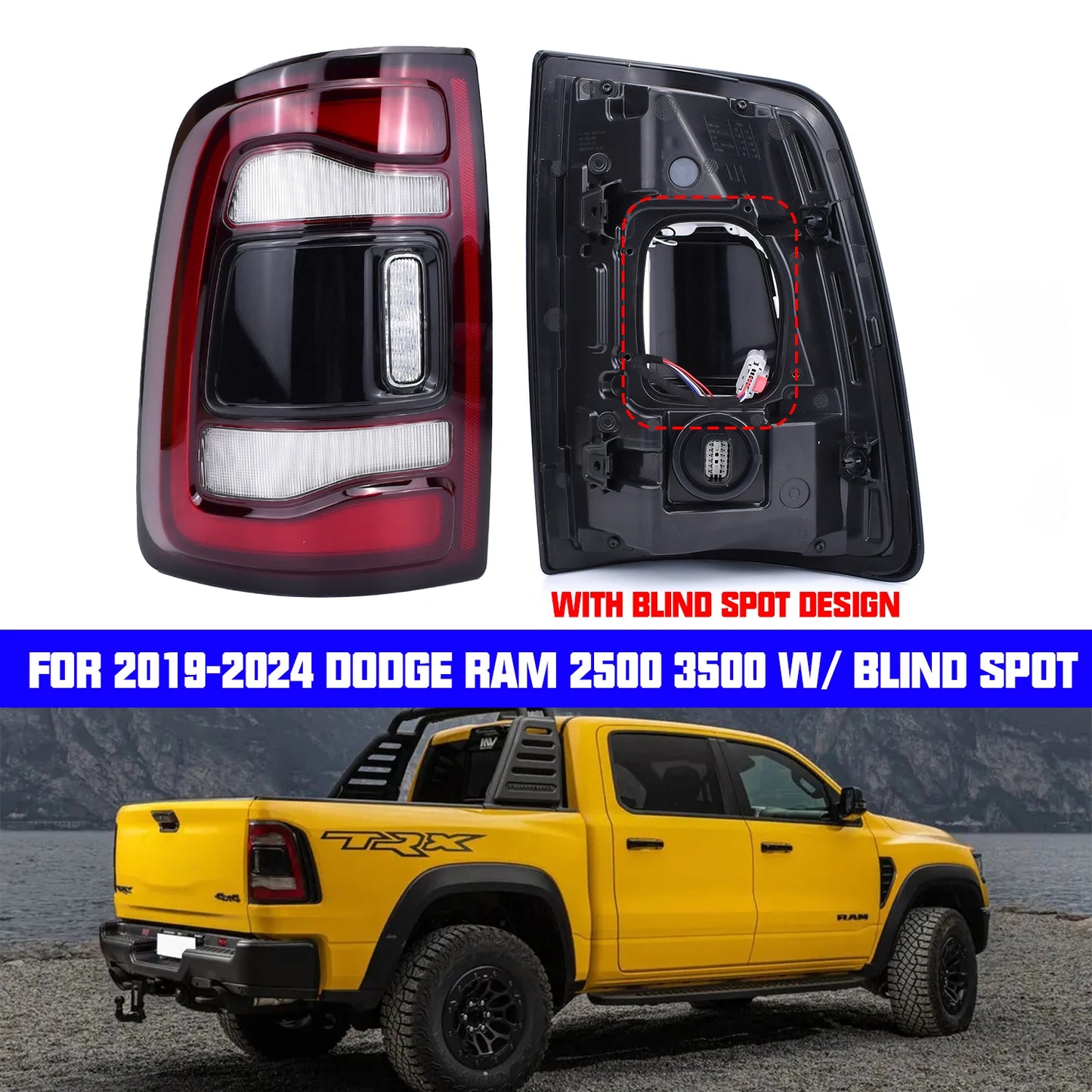 W/Blind Spot For Dodge Ram 2500 3500 2019 2020 2021 2022 2023 2024 LED Tail Lights Black Bezel 68548946AA
