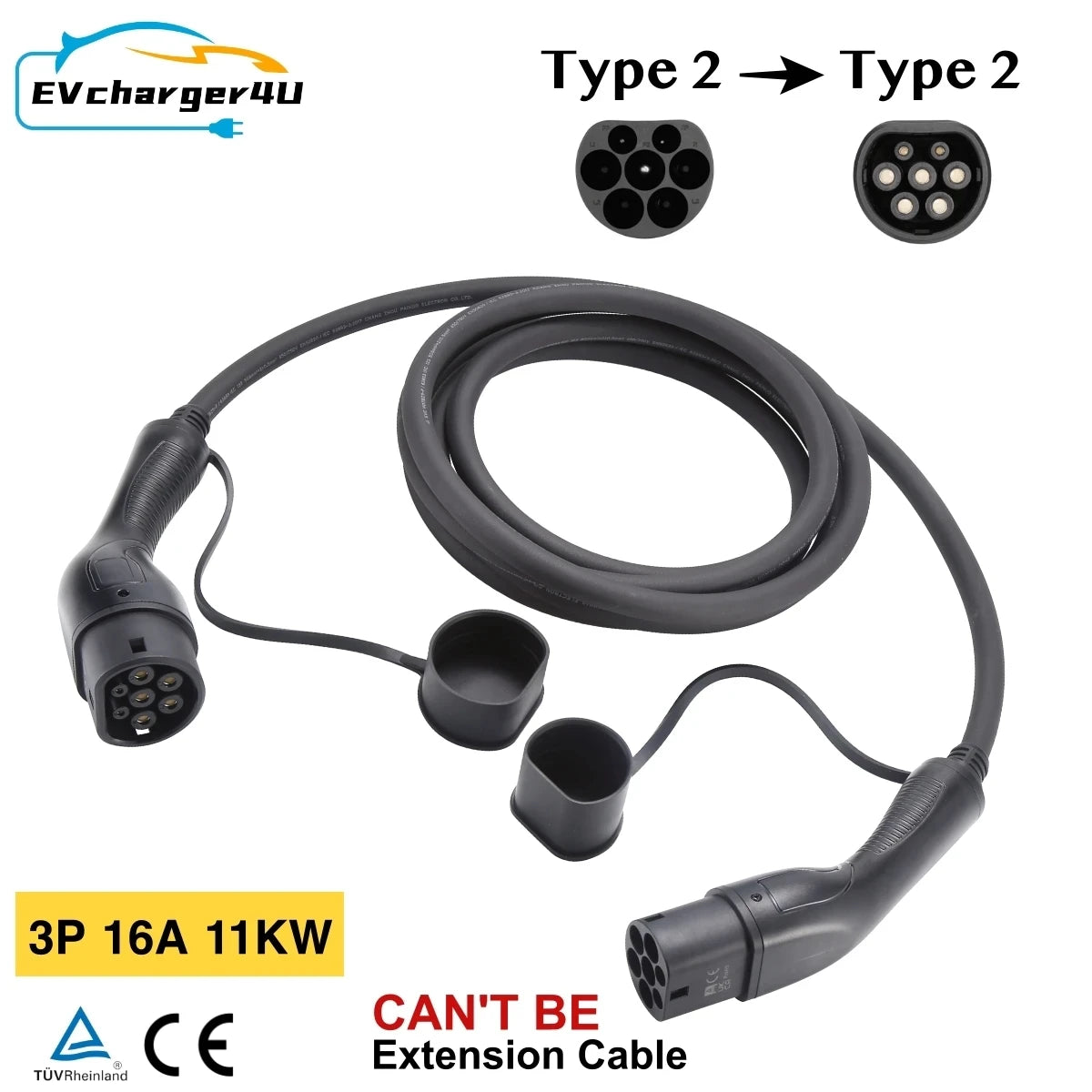 EVcharger4U Type 2 to Type2 EV Charging Cable 1Phase/3Phase 16A/32A 3.5KW/7KW/11KW 3M Charger Cables For Electric Vehicle