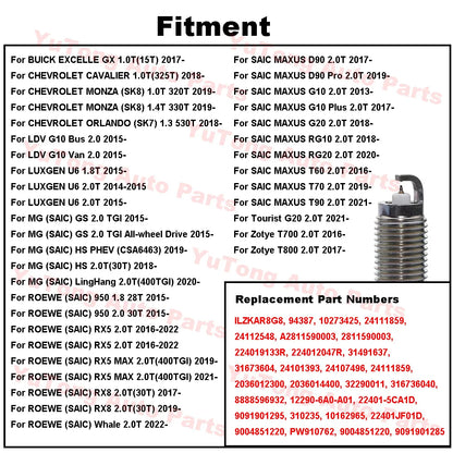 1-4pcs Spark Plug For MG RX5 RX8 2018-2022 2.0T GS HS ROEWE 950 SAIC MAXUS T60 T70 T90 D90 G10 G20 20L4E Zotye T700 Accessories