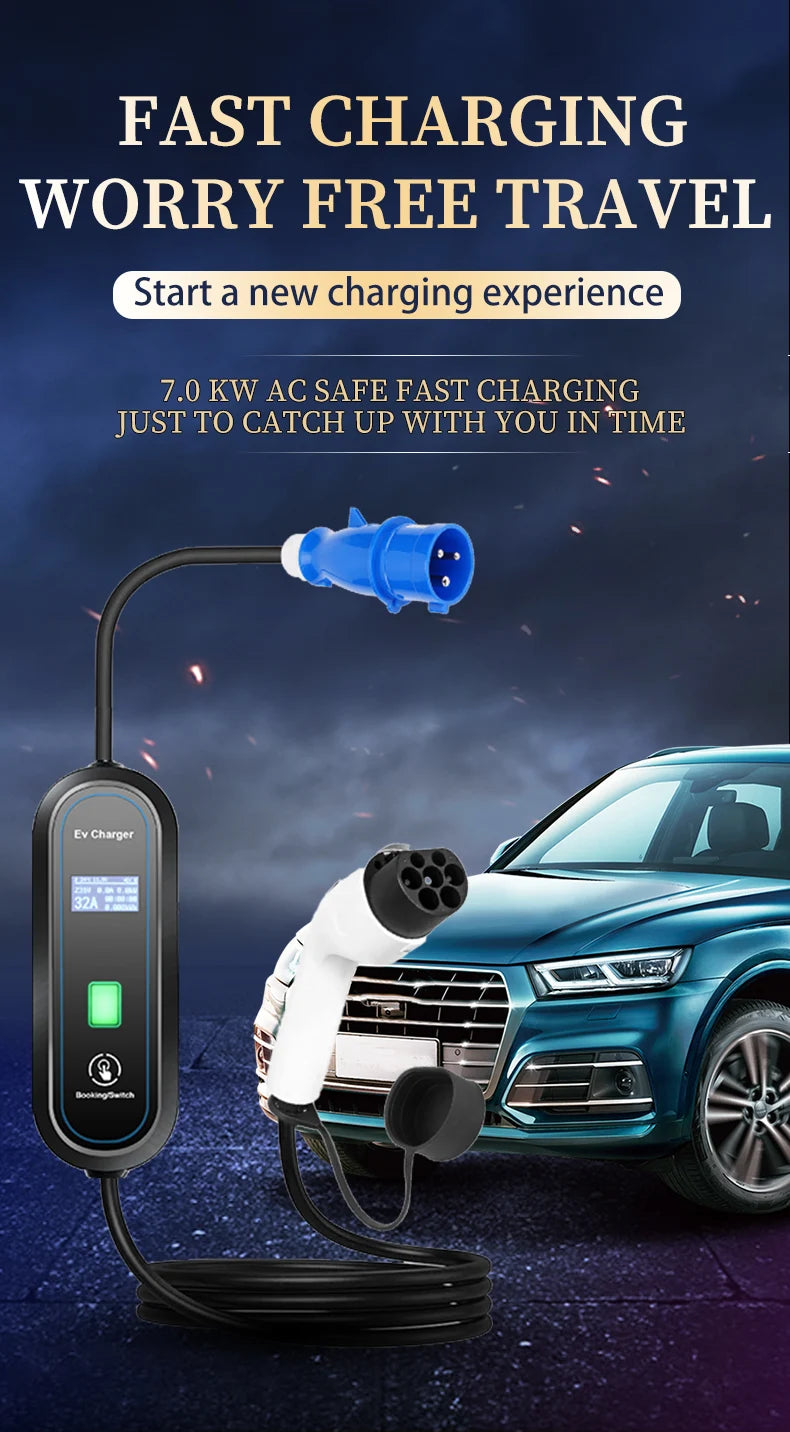 Teschev Level 2 EV Charger GBT Standard 10A/16A/20A/24A/32A 1P 7KW Wallbox Cable 5m For Electric Vehicle China Cars