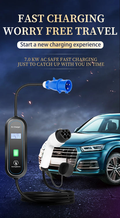 Teschev Level 2 EV Charger GBT Standard 10A/16A/20A/24A/32A 1P 7KW Wallbox Cable 5m For Electric Vehicle China Cars