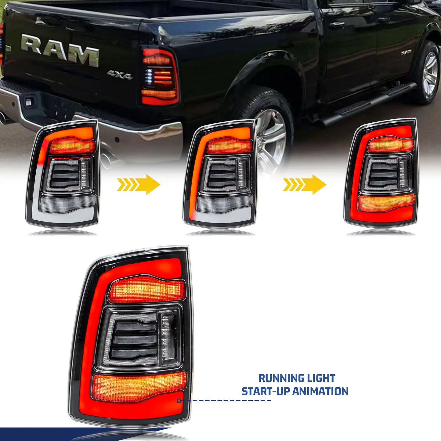 LED Tail Lights for Dodge Ram 1500 2500 3500 2008-2018 4th Gen Dynamic Animation Clear Lens Rear Lamps Assembly