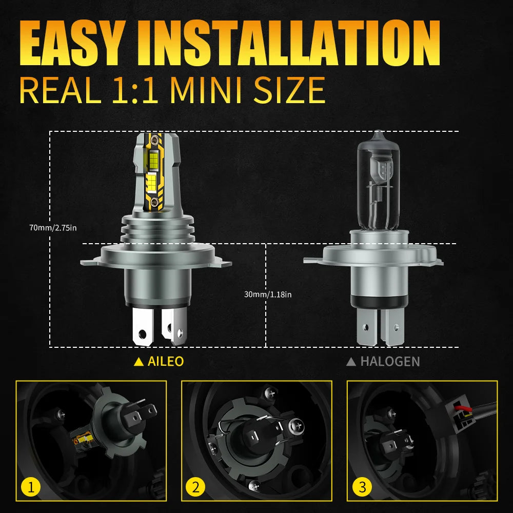 AILEO 2Pcs 200W 22000LM LED Lights H4 6500K Headlight Bulb Hi/Lo Beam Mini Size Design Wireless For Car Lamp CSP 5570 Chip White