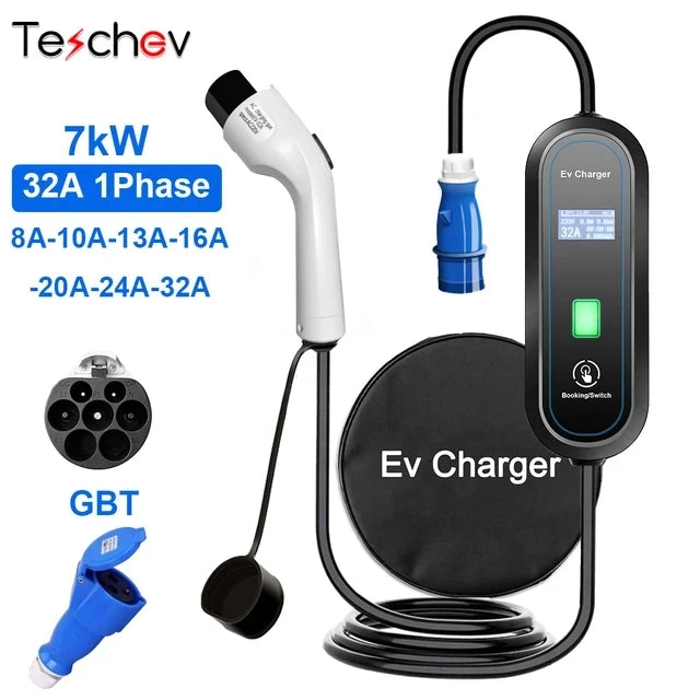 Teschev Level 2 EV Charger GBT Standard 10A/16A/20A/24A/32A 1P 7KW Wallbox Cable 5m For Electric Vehicle China Cars
