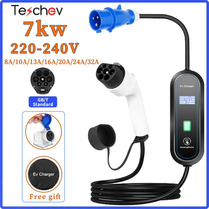 Teschev Level 2 EV Charger GBT Standard 10A/16A/20A/24A/32A 1P 7KW Wallbox Cable 5m For Electric Vehicle China Cars