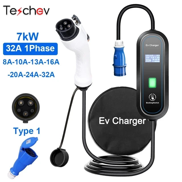 Teschev Level 2 EV Charger GBT Standard 10A/16A/20A/24A/32A 1P 7KW Wallbox Cable 5m For Electric Vehicle China Cars