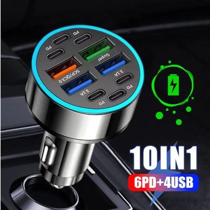 6PD+4USB Super Fast Charging Car Charger 10 in 1 Efficient Adapter Electrical Equipment Charging Systems Battery Charging Units