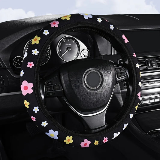 1pc Cute Flower Pattern Car Steering Wheel Cover with No Inner Ring Design Easy to Install and Clean Car Interior Accessories