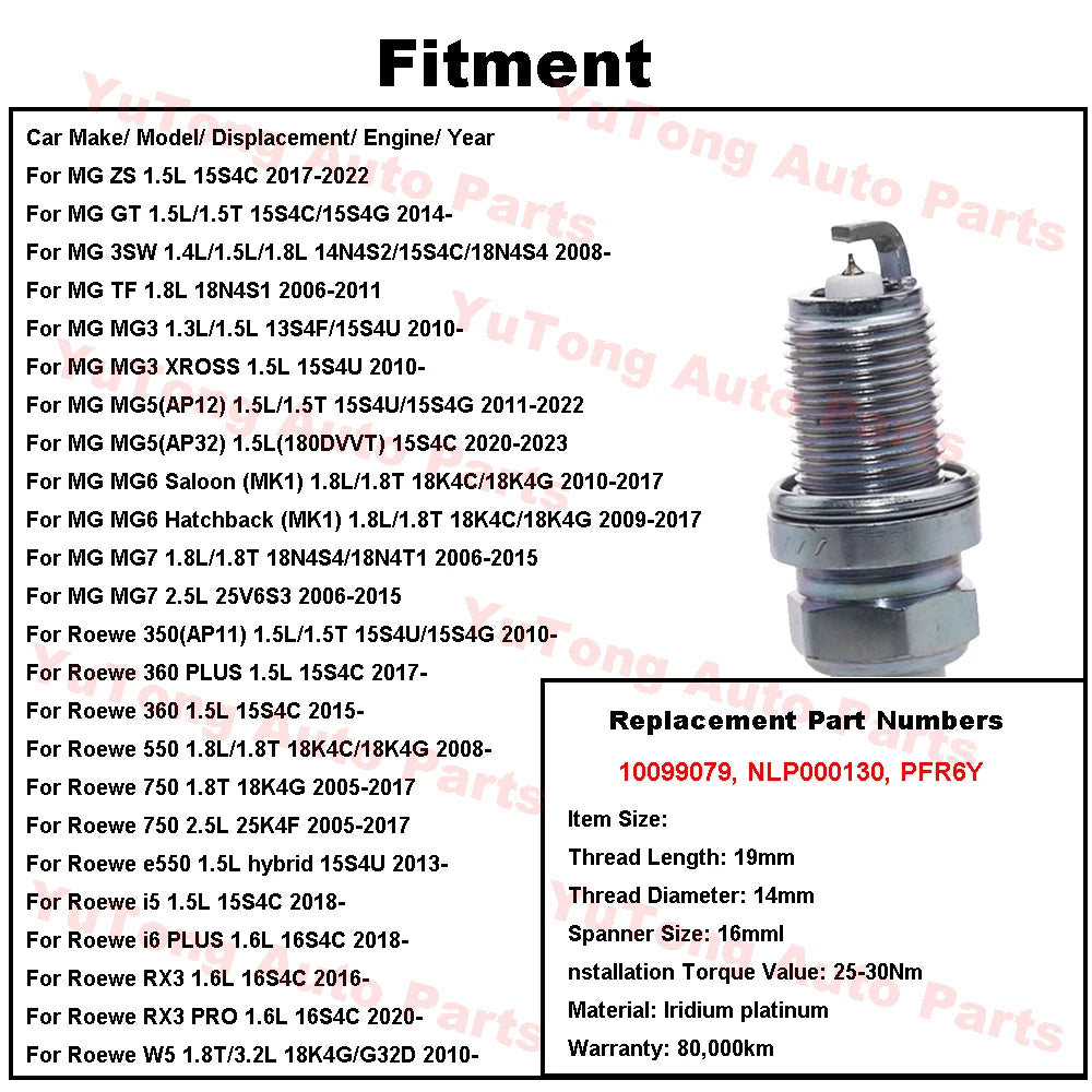 Spark Plug For MG ZS MG5 MG3 GT MG6 MG7 TF Saic Roewe 350 360 550 i5 RX3 Lomemo W5 NLP000130 Accessories 10099079 Spare Parts