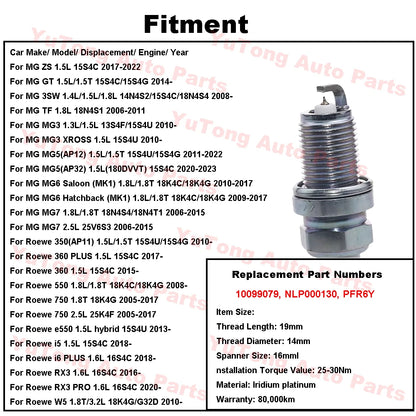 Spark Plug For MG ZS MG5 MG3 GT MG6 MG7 TF Saic Roewe 350 360 550 i5 RX3 Lomemo W5 NLP000130 Accessories 10099079 Spare Parts