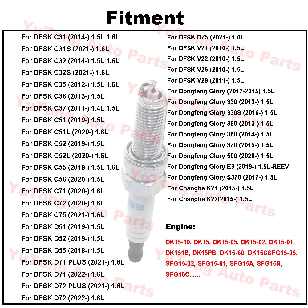 Spark Plugs For DFSK V22 C35 1.5L V21 C31 C32 C36 C37 C51 C52 C56 D51 D52 DK15 Dongfeng Glory 330S Fengon 350 360 Changhe K21