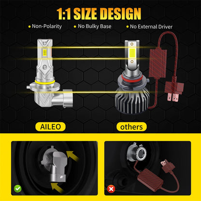 AILEO 2Pcs 9005/HB3 9006/HB4 200W 20000LM LED Lights 6500K Headlight Bulb Mini Size Design Wireless For Car Lamp CSP 7035 White