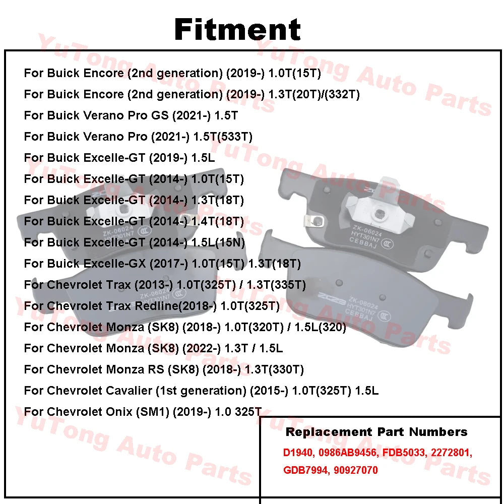 Front Brake Pad Set For Chevrolet Monza 1.3T 1.5L/ Onix Cavalier Trax/ Buick Excelle-GT Encore Disc Brake Spare Parts Ceramics